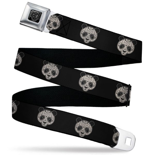 BD Wings Logo CLOSE-UP Black Silver Seatbelt Belt - Panda Bear Sugar Skull Black Cream Webbing Cheap