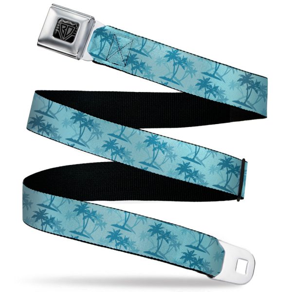 BD Wings Logo CLOSE-UP Black Silver Seatbelt Belt - Palm Trees Silhouette Scattered Blues Webbing Cheap