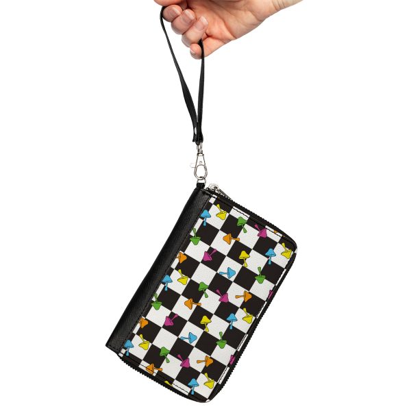 PU Zip Around Wallet Rectangle - Mushrooms Scattered2 Checker Black White Multi Neon Online now - Image 2