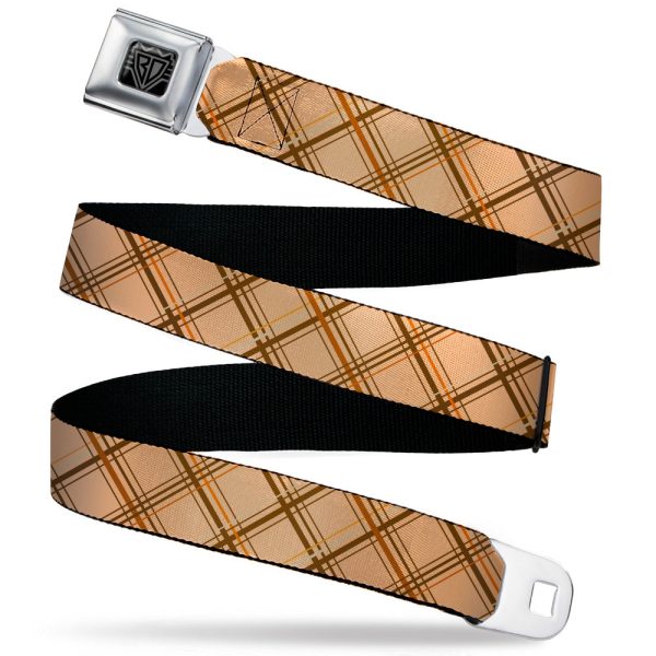 BD Wings Logo CLOSE-UP Black Silver Seatbelt Belt - Plaid X Tan Browns Webbing For Cheap