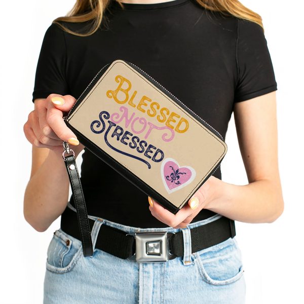 PU Zip Around Wallet Rectangle - BLESSED NOT STRESSED Quote Fleur-de-Lis Beige Multi Color For Discount - Image 4