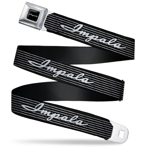 1962 IMPALA Script Emblem Full Color Black Silver Seatbelt Belt - 1962 IMPALA Script Emblem Stripe Black White Silver Webbing Online now