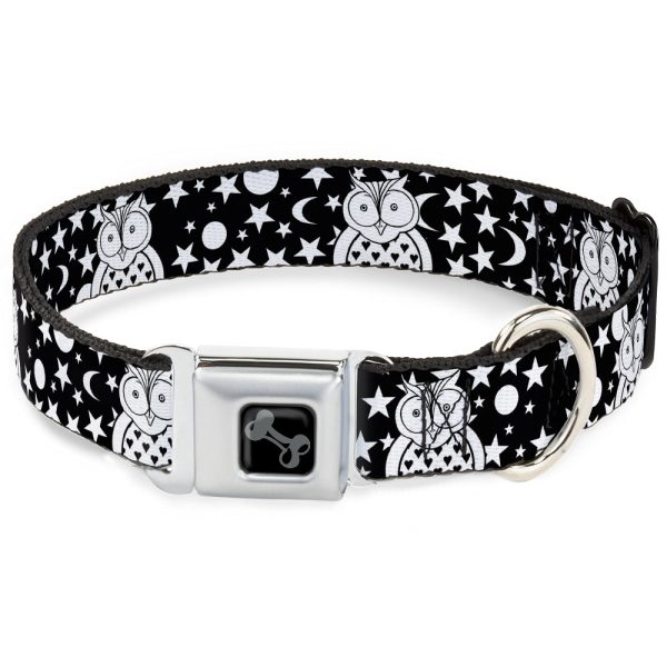 Dog Bone Black Silver Seatbelt Buckle Collar - Owls Black White2 For Discount