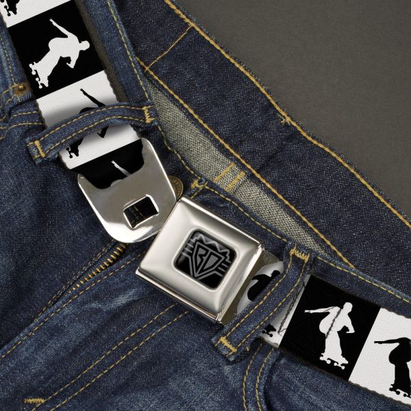 BD Wings Logo CLOSE-UP Black Silver Seatbelt Belt - Skater Silhouette Blocks Black White Webbing Sale - Image 2