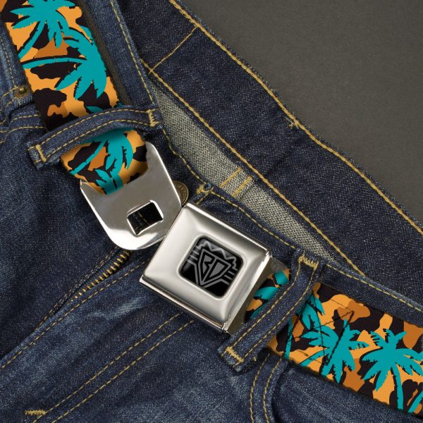 BD Wings Logo CLOSE-UP Black Silver Seatbelt Belt - Palm Tree Silhouette Leopard Brown Turquoise Webbing Fashion - Image 2