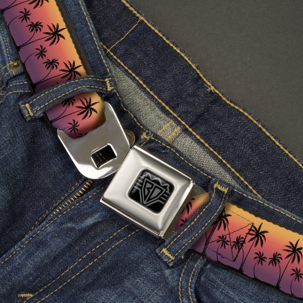 BD Wings Logo CLOSE-UP Black Silver Seatbelt Belt - Palm Treeline Silhouette Sunset Fade Black Webbing Online Sale - Image 2