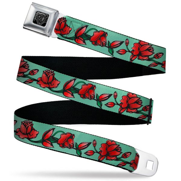 BD Wings Logo CLOSE-UP Black Silver Seatbelt Belt - Red Rose Chain Green Webbing Fashion