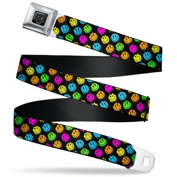 BD Wings Logo CLOSE-UP Black Silver Seatbelt Belt - Smiley Faces Melted Mini Repeat Angle Black Multi Neon Webbing Hot on Sale