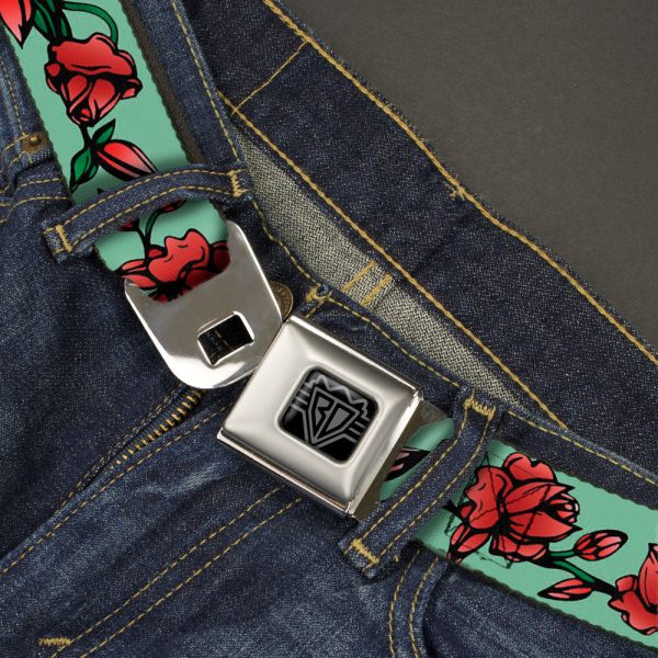 BD Wings Logo CLOSE-UP Black Silver Seatbelt Belt - Red Rose Chain Green Webbing Fashion - Image 2