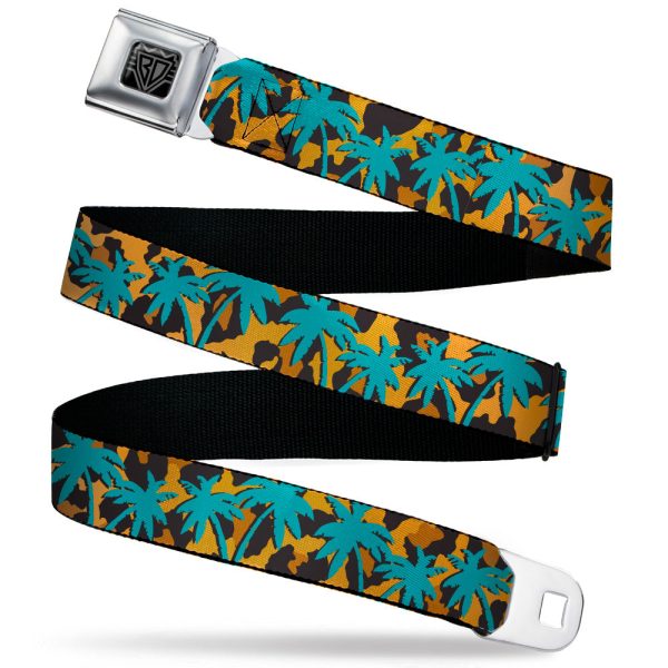 BD Wings Logo CLOSE-UP Black Silver Seatbelt Belt - Palm Tree Silhouette Leopard Brown Turquoise Webbing Fashion