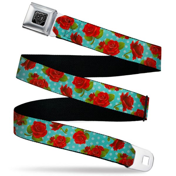 BD Wings Logo CLOSE-UP Black Silver Seatbelt Belt - Roses & Leaves Scattered Polka Dot Black White Webbing Online