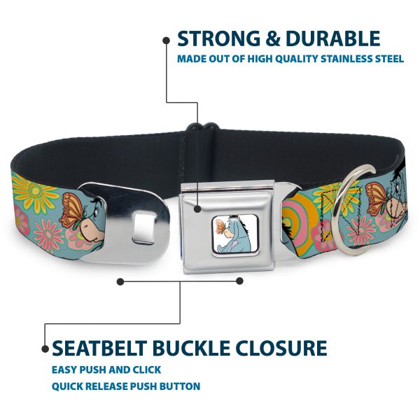 Winnie the Pooh Eeyore Butterfly Pose Full Color White Seatbelt Buckle Collar - Winnie the Pooh Eeyore Butterfly Pose Floral Collage Blue Pinks Yellows Online - Image 4