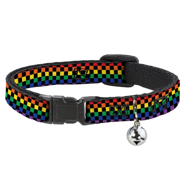 Cat Collar Breakaway with Bell - Checker Black Rainbow Multi Color - NARROW Fits 8.5-12  Online Hot Sale