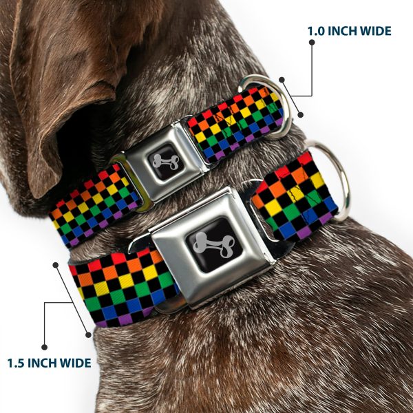 Dog Bone Black Silver Seatbelt Buckle Collar - Checker Black Rainbow Multi Color Online - Image 2