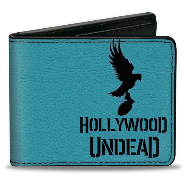 Bi-Fold Wallet - HOLLYWOOD UNDEAD Text Logo Dove & Grenade Icon Teal Black Online Hot Sale