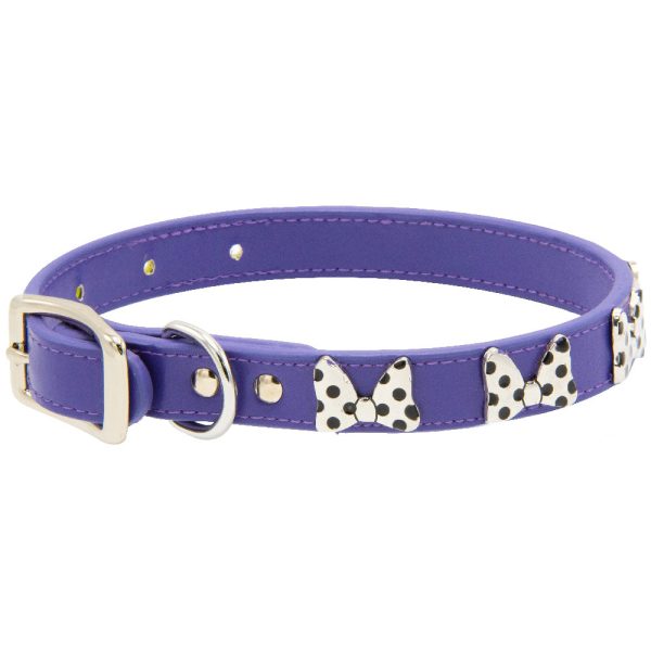Vegan Leather Dog Collar - Disney Purple PU w Silver Cast Minnie Mouse Bow Embellishments and Charm Online now