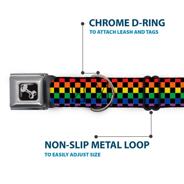 Dog Bone Black Silver Seatbelt Buckle Collar - Checker Black Rainbow Multi Color Online - Image 5