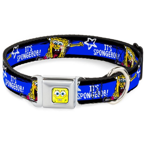 SpongeBob Face CLOSE-UP Full Color Seatbelt Buckle Collar - SpongeBob Pose IT S SPONGEBOB! Stripe Black Blue White Online Sale