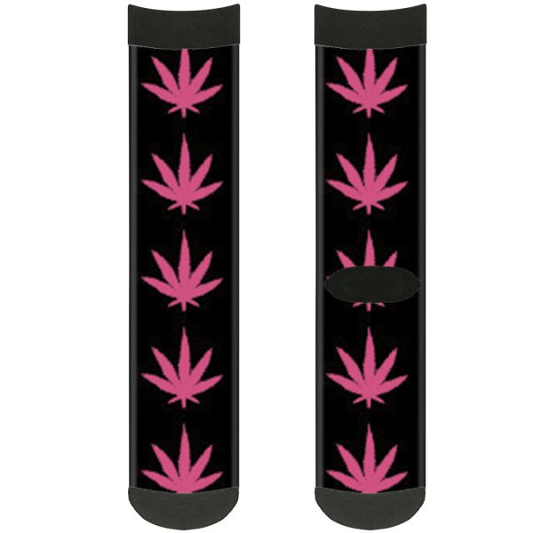 Sock Pair - Polyester - Marijuana Leaf Repeat Black Pink - CREW For Sale