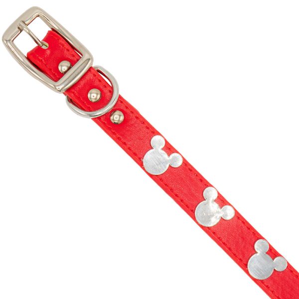 Vegan Leather Dog Collar - Disney Red PU w Silver Cast Mickey Mouse Head Icon Embellishments and Charm Online Hot Sale - Image 3